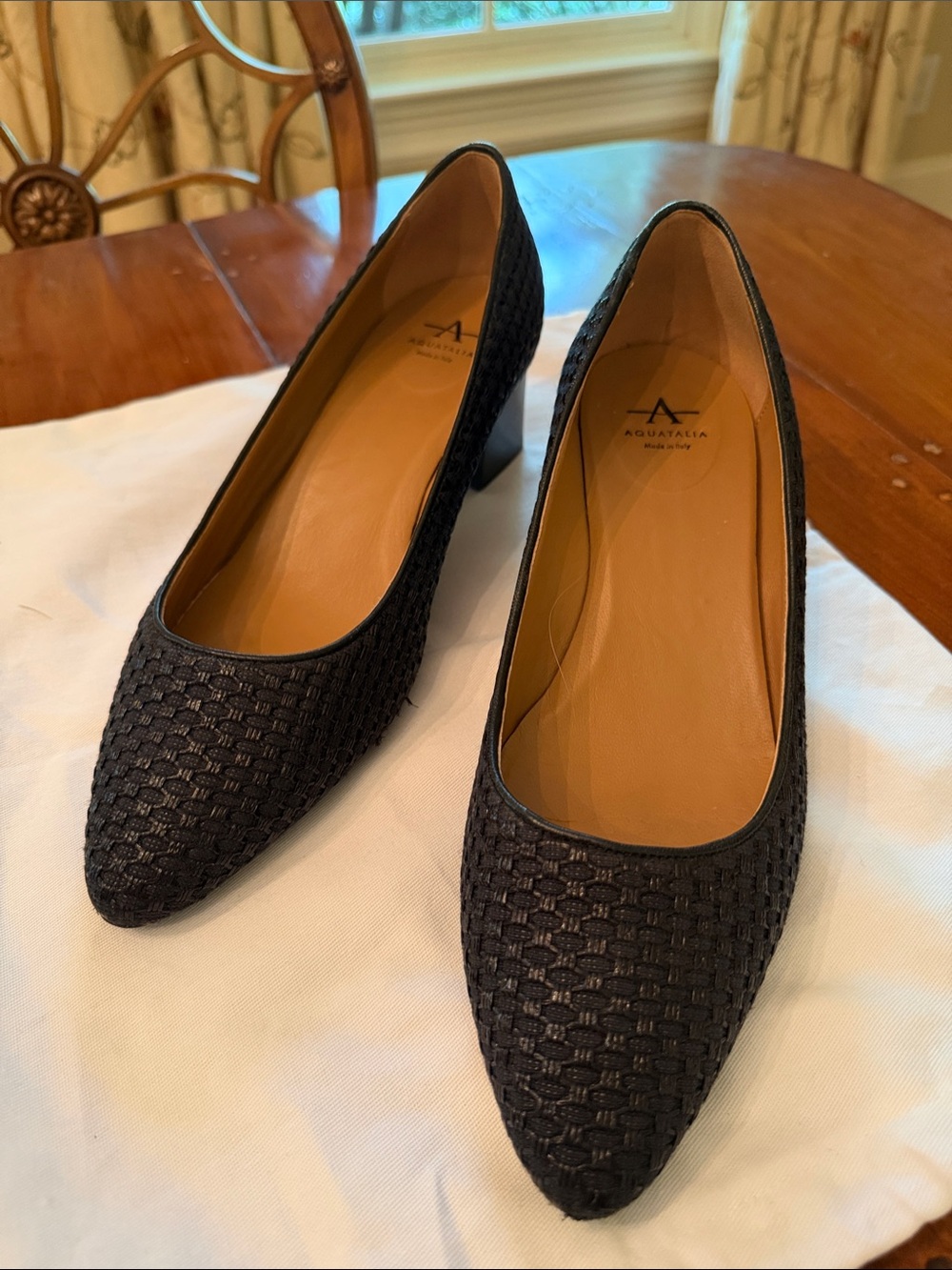 Aquatalia Navy Woven Pointed-Toe Mid Block Heels